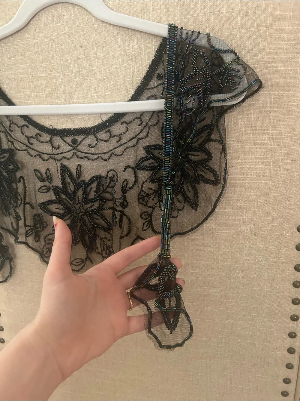 Vintage Iridescent Black Beaded Sheer Floral Scarf / Wrap / Cape Shoulder Cover